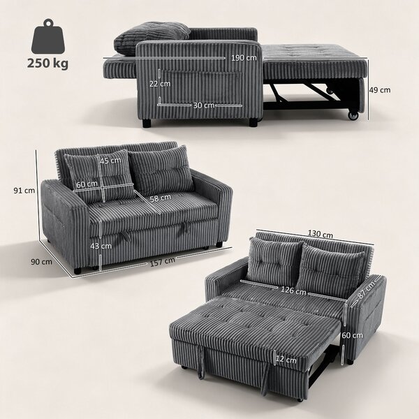 HOMCOM Divano letto 2 posti in velluto a coste con 2 cuscini e tasche, 157 x 190 cm, grigio scuro | Aosom Italy