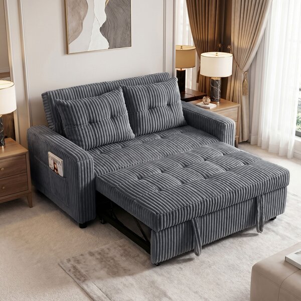 HOMCOM Divano letto 2 posti in velluto a coste con 2 cuscini e tasche, 157 x 190 cm, grigio scuro | Aosom Italy
