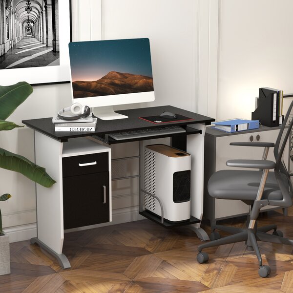 HOMCOM Scrivania per Computer con Ripiano, Cassetto e Armadietto, in MDF e Ferro, 100x52x75 cm, Bianca e Nera