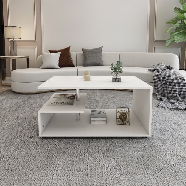 ML-Design tavolino / tavolino, bianco, con barra decorativa in metallo, 91x41x52,6 cm, tavolino da divano moderno e spazioso con ripiani su 3 livelli