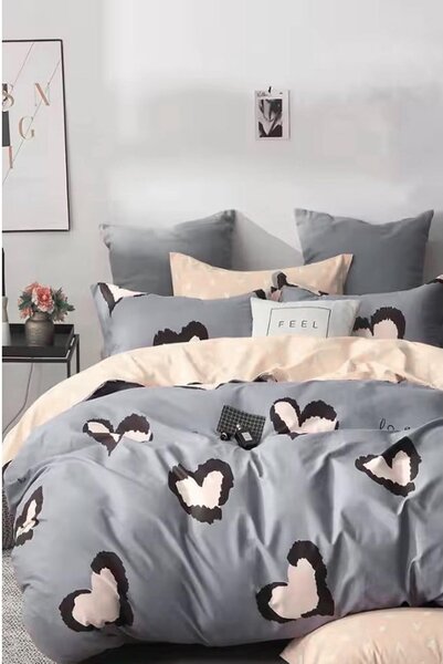 Biancheria da letto grigia/beige in cotone renforcé per letto matrimoniale/per letto esteso con lenzuolo incluso/4 pezzi 200x220 cm Double Heart – Mila Home