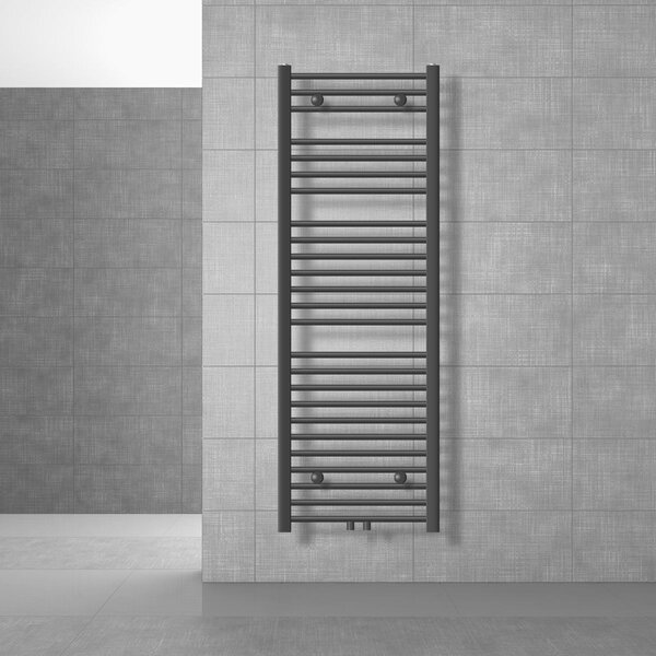 LuxeBath radiatore bagno Sahara 500x1500 mm nero opaco collegamento centrale diritto + set di collegamento con termostato diritto attraverso il pavimento, senza elemento riscaldante
