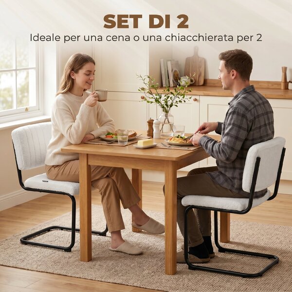 HOMCOM Set 2 sedie da pranzo imbottite in tessuto teddy con gambe a slitta, crema | Aosom Italy