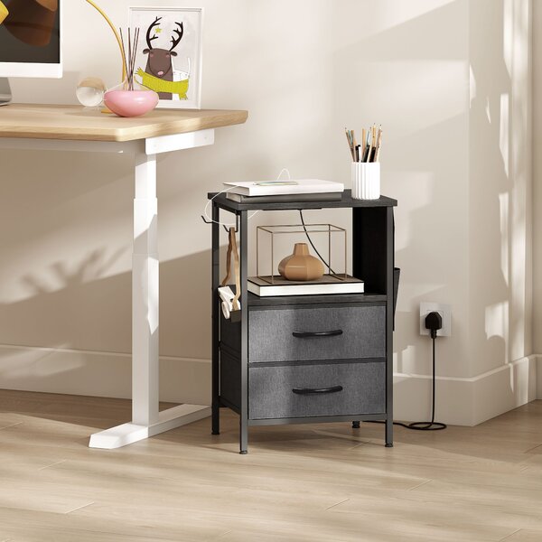 HOMCOM Tavolino da Salotto e Laterale con Stazione di Ricarica, Struttura in Acciaio, Porte USB-C, Cassetti e Ganci, 40x30x60 cm, Nero | Aosom Italy