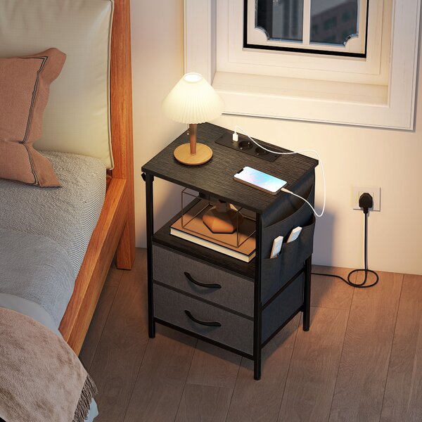 HOMCOM Tavolino da Salotto e Laterale con Stazione di Ricarica, Struttura in Acciaio, Porte USB-C, Cassetti e Ganci, 40x30x60 cm, Nero | Aosom Italy