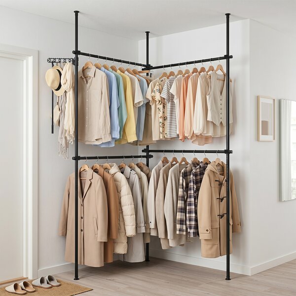 Costway Barra appendiabiti da parete in metallo stendibiancheria pieghevole, Barra appendiabiti per ingresso guardaroba Nero 139-244 x 110-315 cm