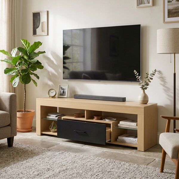 HOMCOM Mobile TV da 140 cm con ripiani in vetro regolabili, cassetto e vani aperti, rovere | Aosom Italy