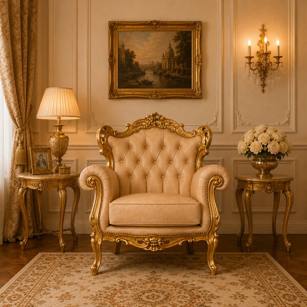 Poltrona Barocca Caterina - Foglia Oro, Pelle Primo Fiore Premium – Artigianato Italiano di Lusso