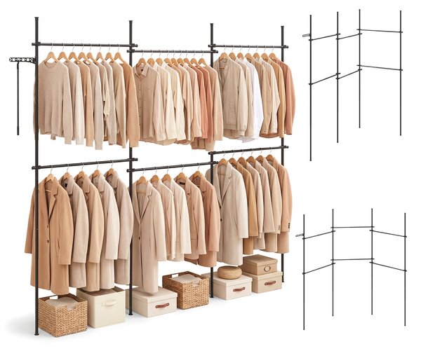 Costway Barra appendiabiti da parete in metallo stendibiancheria pieghevole, Barra appendiabiti per ingresso guardaroba Nero 210-369 x 110-315 cm