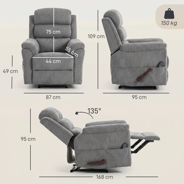 HOMCOM Poltrona relax massaggiante con riscaldamento e poggiatesta regolabile, grigio | Aosom Italy