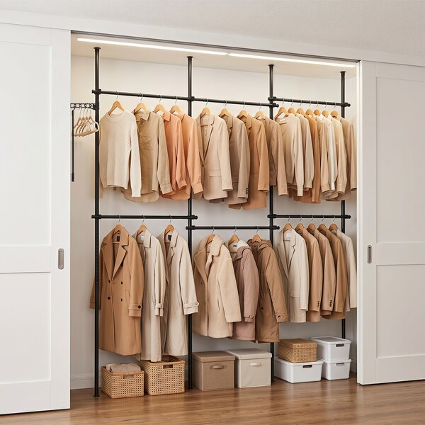 Costway Barra appendiabiti da parete in metallo stendibiancheria pieghevole, Barra appendiabiti per ingresso guardaroba Nero 210-369 x 110-315 cm