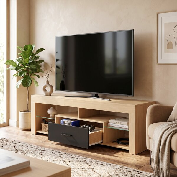 HOMCOM Mobile TV da 140 cm con ripiani in vetro regolabili, cassetto e vani aperti, rovere | Aosom Italy