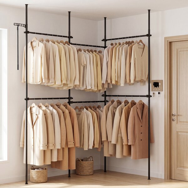 Costway Barra appendiabiti da parete in metallo stendibiancheria pieghevole, Barra appendiabiti per ingresso guardaroba Nero 210-369 x 110-315 cm