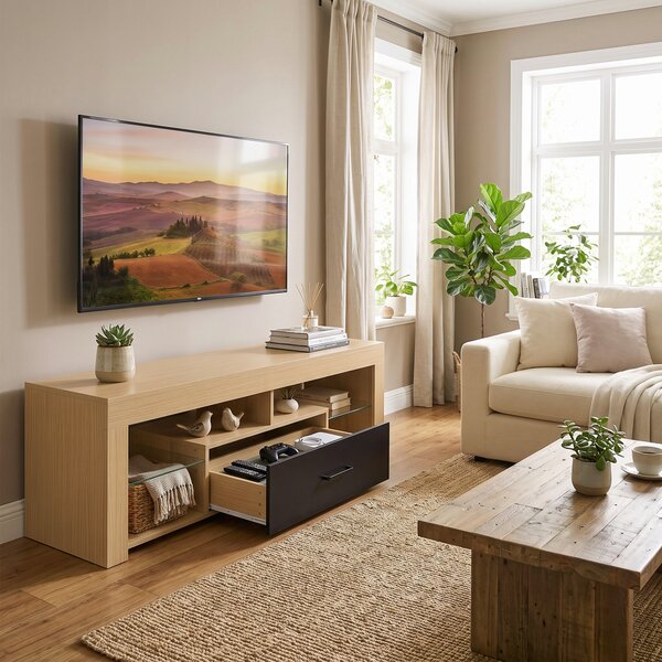 HOMCOM Mobile TV da 140 cm con ripiani in vetro regolabili, cassetto e vani aperti, rovere | Aosom Italy