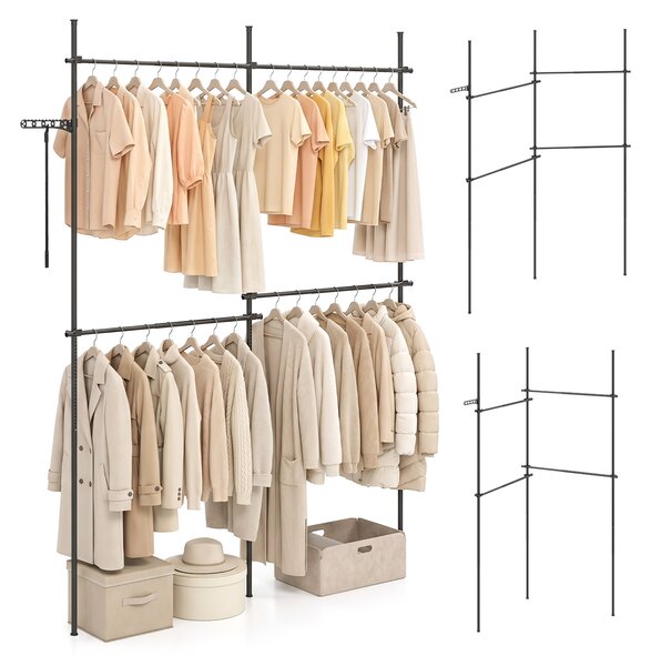 Costway Barra appendiabiti da parete in metallo stendibiancheria pieghevole, Barra appendiabiti per ingresso guardaroba Nero 139-244 x 110-315 cm