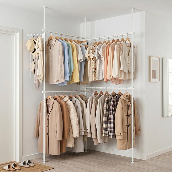 Costway Barra appendiabiti da parete in metallo stendibiancheria pieghevole, Barra appendiabiti per ingresso guardaroba Bianco 139-244 x 110-315 cm