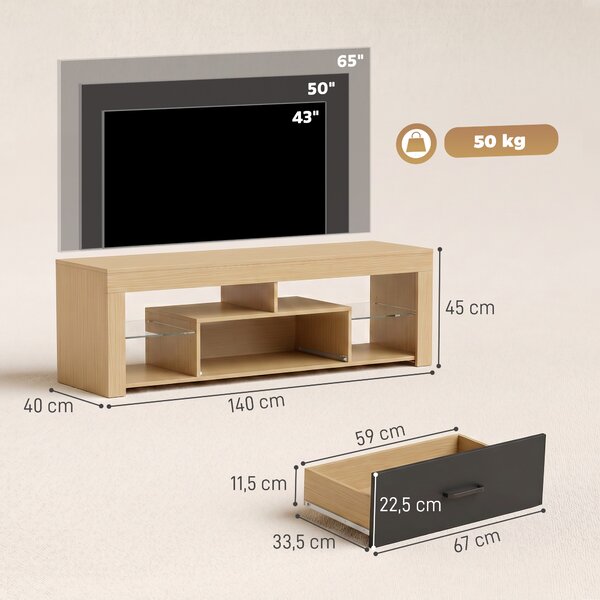 HOMCOM Mobile TV da 140 cm con ripiani in vetro regolabili, cassetto e vani aperti, rovere | Aosom Italy