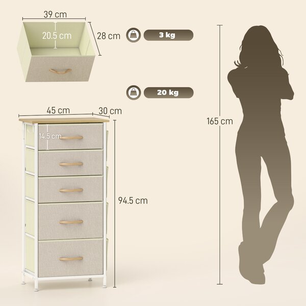 HOMCOM Cassettiera per Camera da Letto con 5 Cassetti in Tessuto, Traverse in Acciaio, Superficie in Legno, 4 Tasche Portaoggetti, 2 Ganci, Beige | Aosom Italy