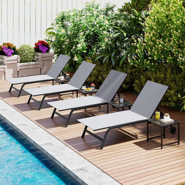 Costway Set sdraio e tavolino in metallo con schienale regolabile in 6 posizioni, Tavolino quadrato per giardino e balcone Grigio