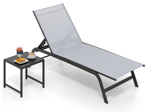 Costway Set sdraio e tavolino in metallo con schienale regolabile in 6 posizioni, Tavolino quadrato per giardino e balcone Grigio