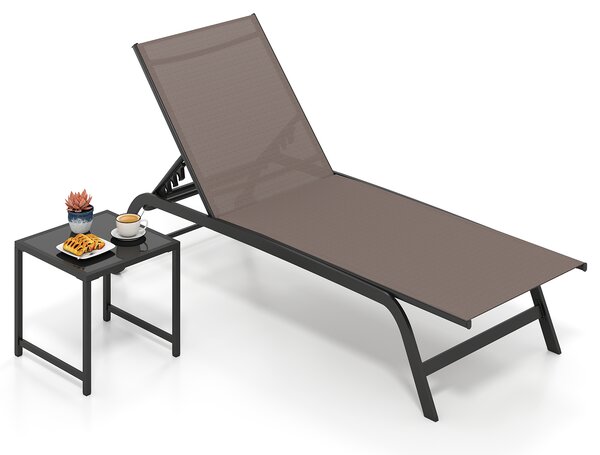 Costway Set sdraio e tavolino in metallo con schienale regolabile in 6 posizioni, Tavolino quadrato per giardino e balcone Marrone