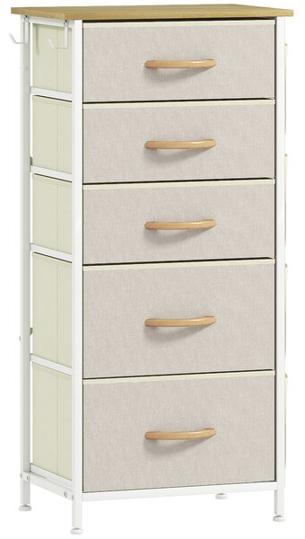 HOMCOM Cassettiera per Camera da Letto con 5 Cassetti in Tessuto, Traverse in Acciaio, Superficie in Legno, 4 Tasche Portaoggetti, 2 Ganci, Beige | Aosom Italy