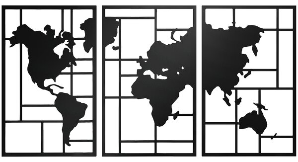 HOMCOM Set di 3 Pezzi Decorazione da Parete in Metallo Mappa Mondo, per Soggiorno, Camera e Corridoio, Nero | Aosom Italy