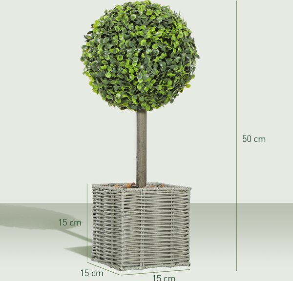 HOMCOM Set da 2 Piante Artificiali Decorative, Sfere di Bosso Artificiale 50 cm con Vaso in Plastica Intrecciata e Ciottoli, Verde | Aosom Italy