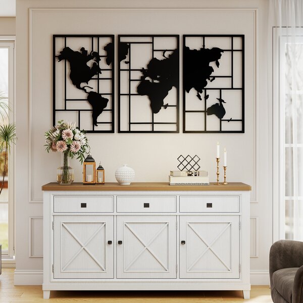 HOMCOM Set di 3 Pezzi Decorazione da Parete in Metallo Mappa Mondo, per Soggiorno, Camera e Corridoio, Nero | Aosom Italy