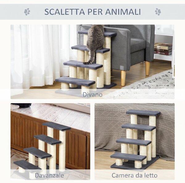 PawHut Scaletta per cani e gatti a 4 gradini in peluche con pali in sisal, grigio | Aosom Italy