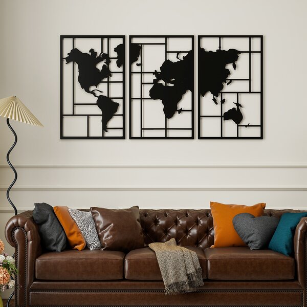 HOMCOM Set di 3 Pezzi Decorazione da Parete in Metallo Mappa Mondo, per Soggiorno, Camera e Corridoio, Nero | Aosom Italy