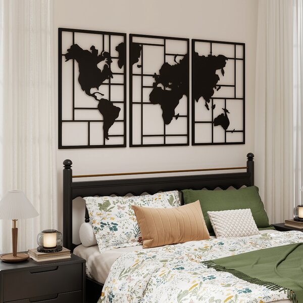 HOMCOM Set di 3 Pezzi Decorazione da Parete in Metallo Mappa Mondo, per Soggiorno, Camera e Corridoio, Nero | Aosom Italy