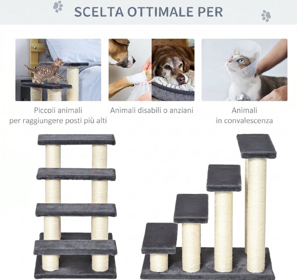 PawHut Scaletta per cani e gatti a 4 gradini in peluche con pali in sisal, grigio | Aosom Italy