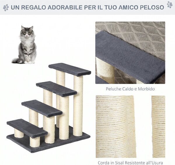 PawHut Scaletta per cani e gatti a 4 gradini in peluche con pali in sisal, grigio | Aosom Italy