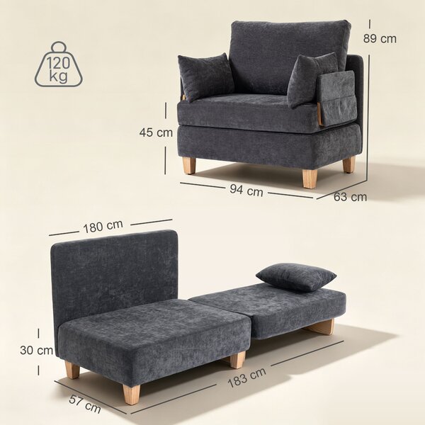 HOMCOM Poltrona letto singolo 2 in 1 pieghevole con cuscini, grigio scuro | Aosom Italy