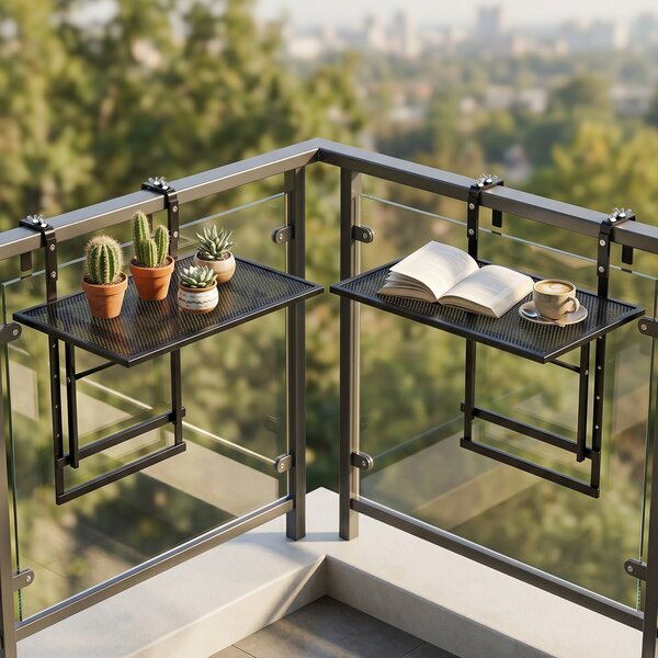 Costway Set di 2 tavolini pieghevole da balcone 5 posizioni altezza regolabili, Tavolino da appendere per ringhiera in metallo