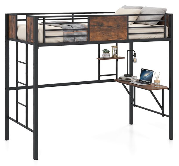 Costway Letto a soppalco metallo salvaspazio scrivania libreria, Letto rialzato sponda rialzata doghe scala 3 gradini industriale