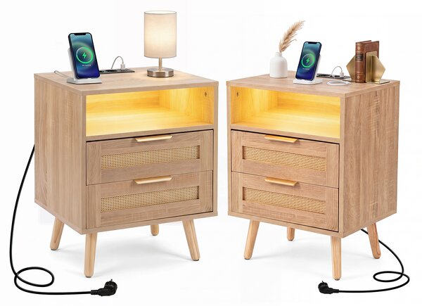 Costway Comodino da letto moderno con ricarica e luci regolabili, Mobiletto con rattan e 2 cassetti e scomparto salvaspazio