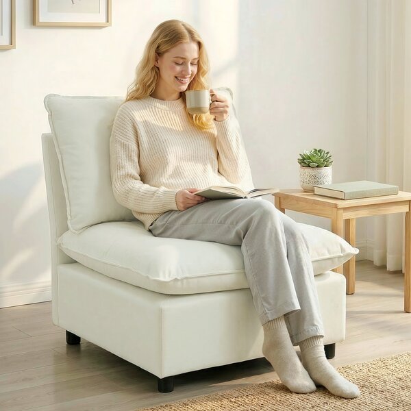 HOMCOM Poltrona da Salotto, Divano 1 Posto Moderno senza Braccioli con Seduta Ampia, Cuscini Spessi, 146x85x78 cm, Crème | Aosom Italy