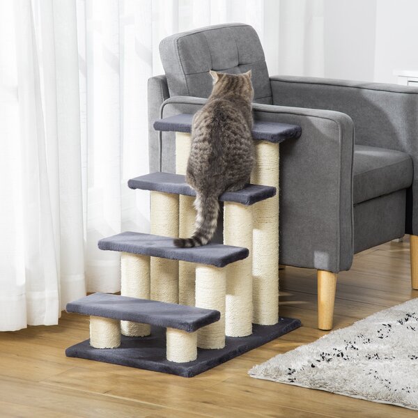 PawHut Scaletta per cani e gatti a 4 gradini in peluche con pali in sisal, grigio | Aosom Italy