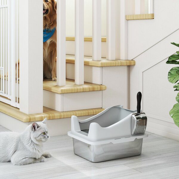 PawHut Lettiera in Acciaio Inossidabile, Cassettina Igienica per Gatto, Bordi Alti, Facile da Pulire, 43,1x33,2x25,4 cm, Grigio | Aosom Italy
