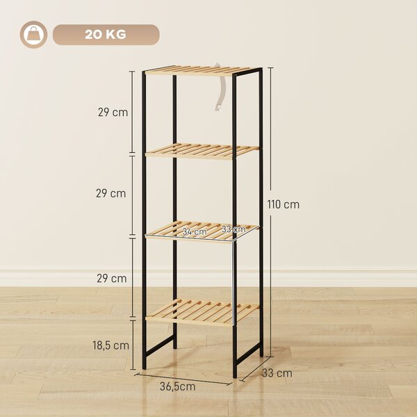 HOMCOM Scaffale da Terra per Bagno in Bambù e Acciaio, con 4 Ripiani, Libreria a 4 Livelli, 36,5x33x110 cm, Legno Naturale | Aosom Italy