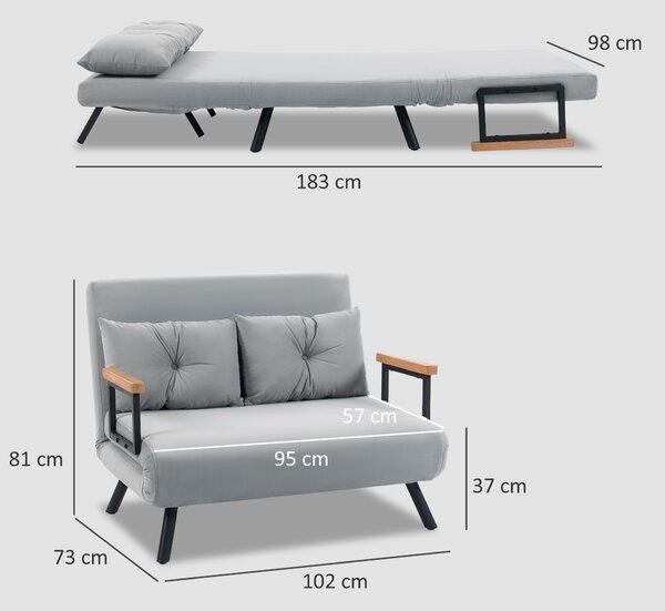 HOMCOM Divano letto 3 in 1 effetto velluto con schienale regolabile e 2 cuscini, grigio chiaro | Aosom Italy