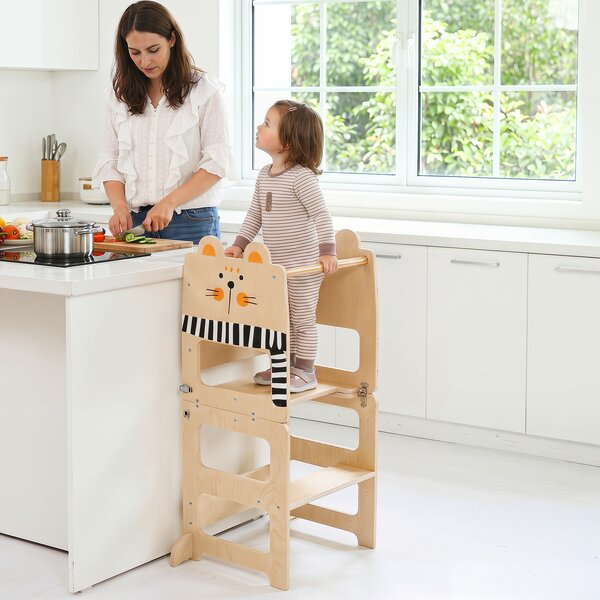 Costway Torre montessoriana pieghevole con lavagna e tavolo-sedia, Torre di apprendimento gatto cucina-bagno legno da 18 mesi