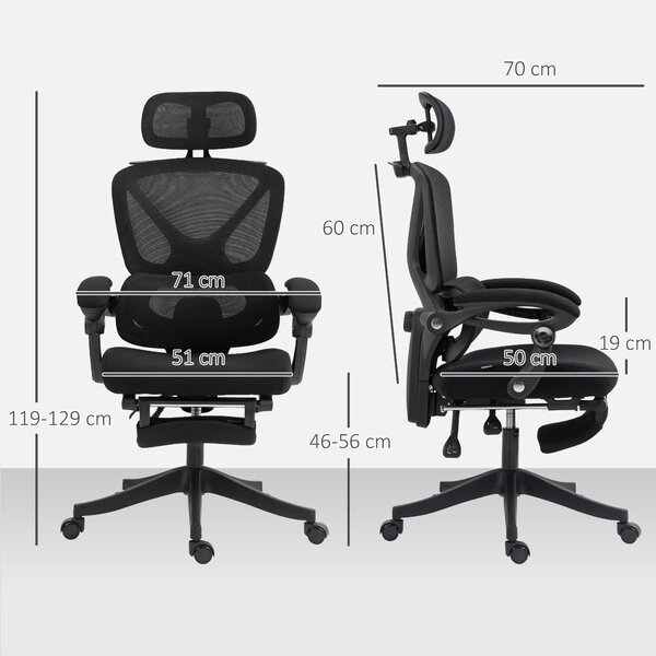 HOMCOM Sedia da ufficio ergonomica reclinabile in rete con poggiatesta regolabile, nera | Aosom Italy