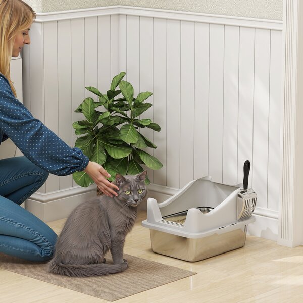 PawHut Lettiera in Acciaio Inossidabile, Cassettina Igienica per Gatto, Bordi Alti, Facile da Pulire, 43,1x33,2x25,4 cm, Grigio | Aosom Italy