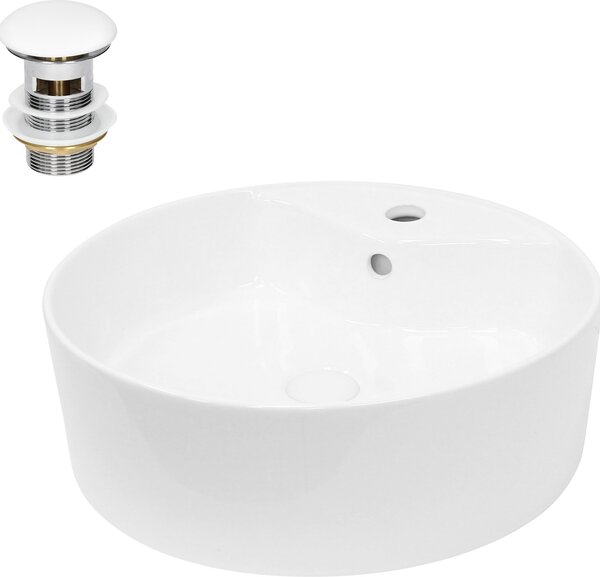Lavabo LuxeBath Lavabo da appoggio rotondo, Ø 46x15,5 cm, bianco, in Vetroceramica, incl. set di scarico con troppopieno