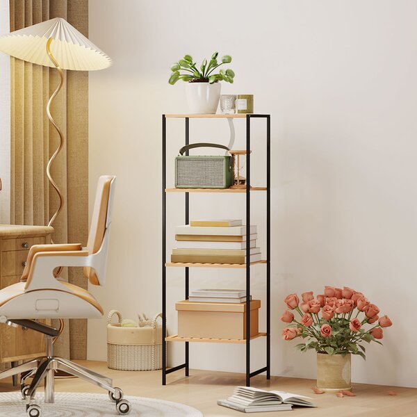 HOMCOM Scaffale da Terra per Bagno in Bambù e Acciaio, con 4 Ripiani, Libreria a 4 Livelli, 36,5x33x110 cm, Legno Naturale | Aosom Italy