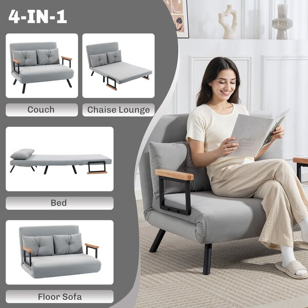 HOMCOM Divano letto 3 in 1 effetto velluto con schienale regolabile e 2 cuscini, grigio chiaro | Aosom Italy