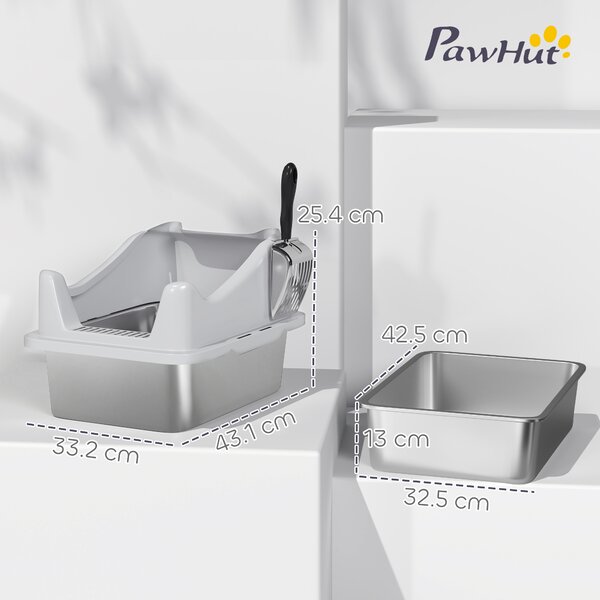 PawHut Lettiera in Acciaio Inossidabile, Cassettina Igienica per Gatto, Bordi Alti, Facile da Pulire, 43,1x33,2x25,4 cm, Grigio | Aosom Italy